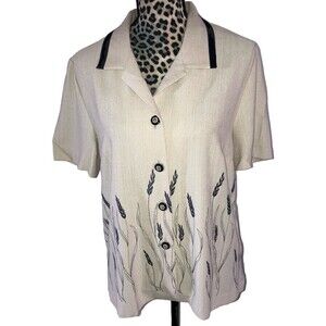 Alfred Dunner Top Blouse 12M Beige Floral Black Shiny Buttons